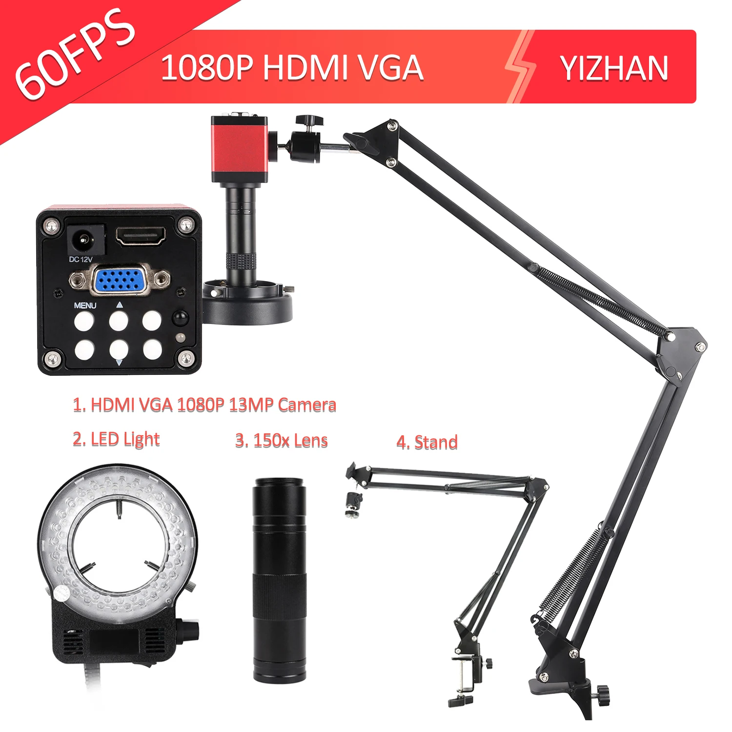 

1080P Microscope Set HDMI Industrial Video Microscope Camera 60FPS VGA 150X 130X Zoom Lens Remote Control For Repair Soldering