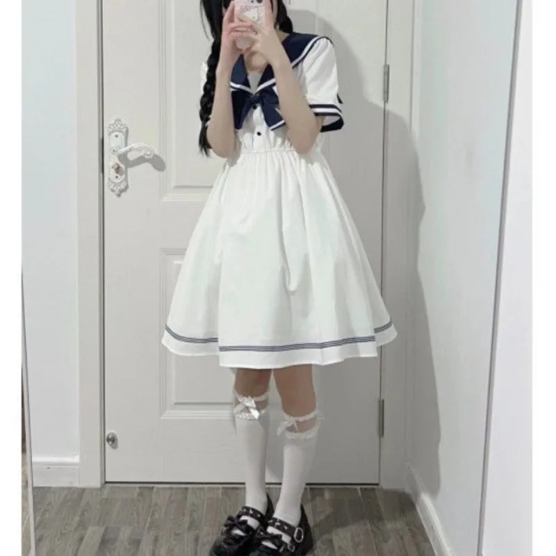 Japanese Lolita 2024 Academy Style Pullover Navy Collar Button Bow Sweet and Cute Fashion Lower Back Solid Color JK Dress