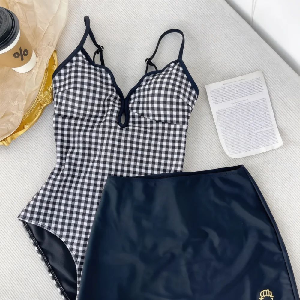 Womens Sexy Plaid Swimwear Sleeveless One Piece Bathing Suit Slimming Design Padded Beach Vacation Pool Party Outfit