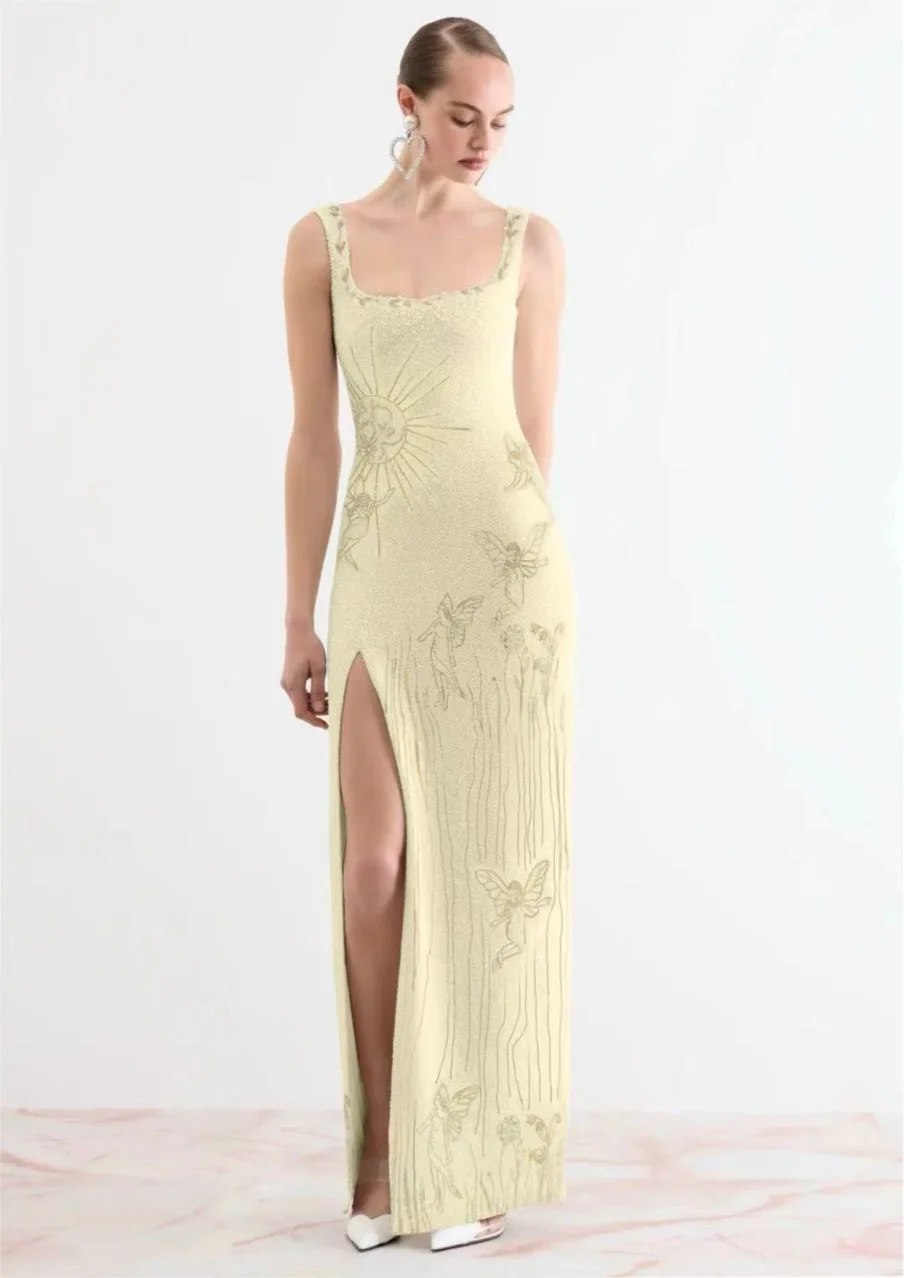 

Customized New fashion Jersey Straight Spaghetti Straps Beading Sequined Evening Dress Delicate Square Neck prom dresses