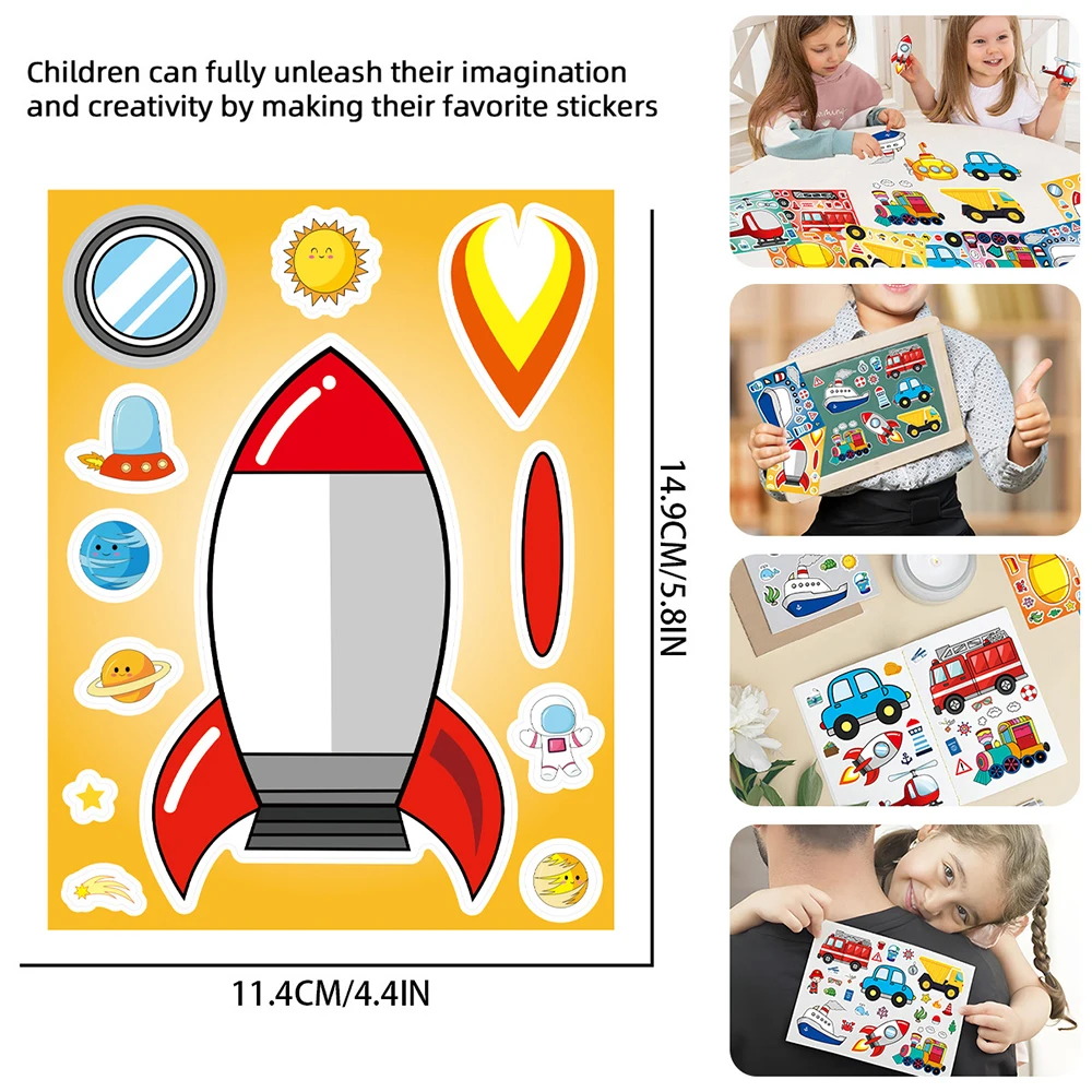 8/16Sheets Cartoon Vehicle Puzzle Stickers Engineering Transportation Kids Educational DIY Cartoon Jigsaw Make a Face Sticker