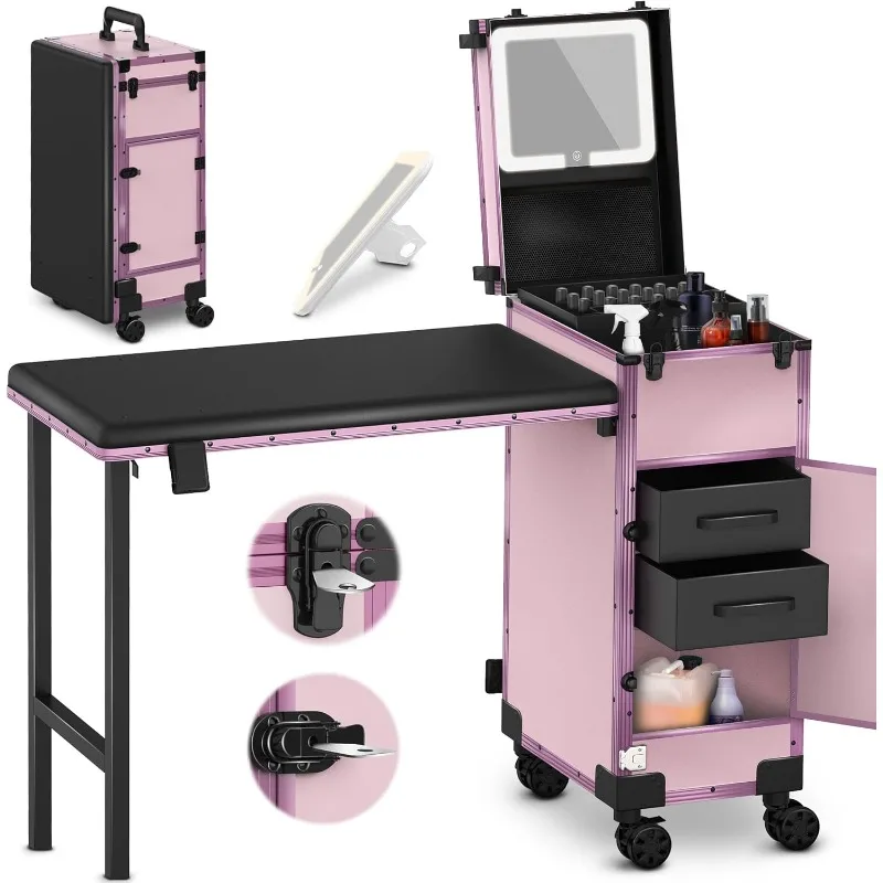 Rolling Portable Manicure Table with 2 Drawers,Mirror & Nail Polish Organizer, Lockable Makeup Train Case Foldable Desk,Cosmetic