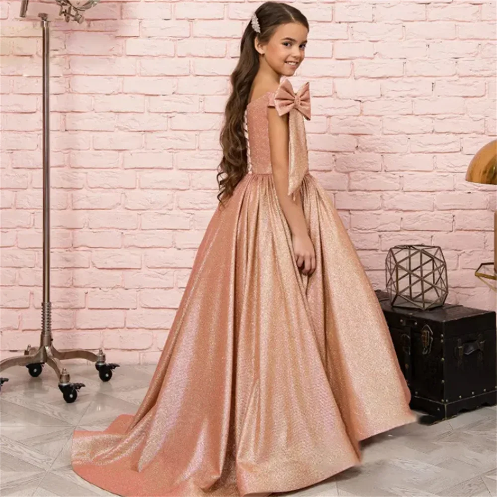 Elegant Flower Girl Dress Pink Satin Shoulder with Tailing for Wedding Kids Birthday Gift Party Banquet Princess Evening Dresses