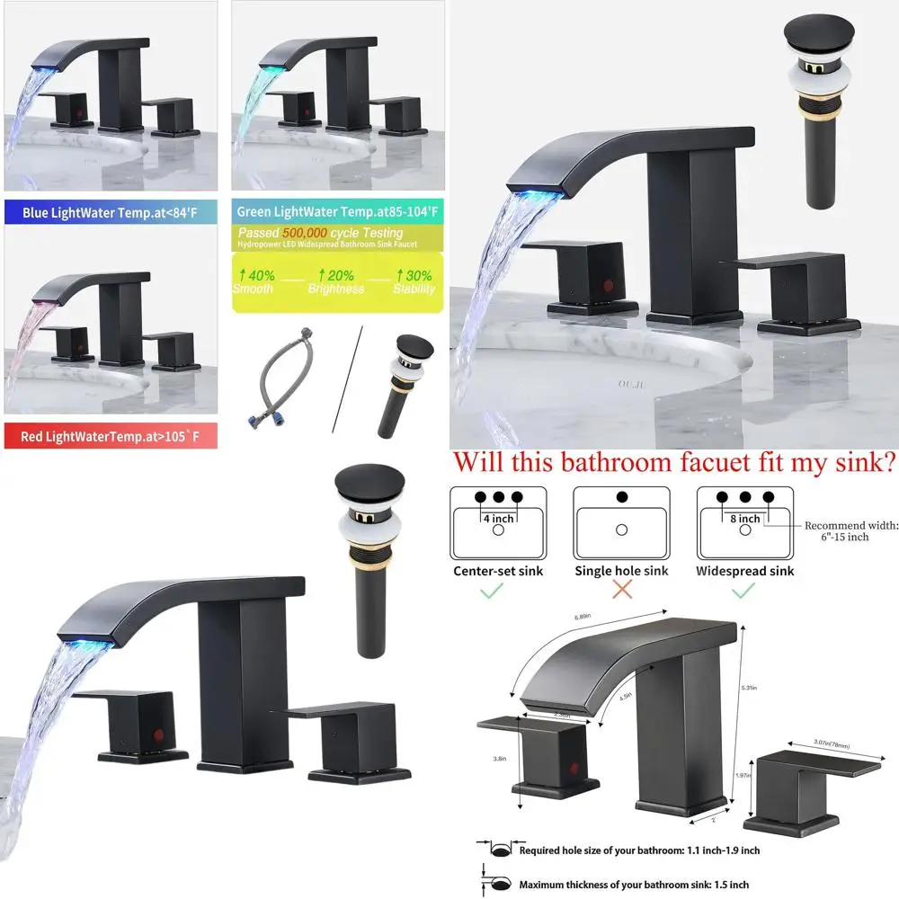 

8 Matte Black Modern 3-Hole Bathroom Faucet with LED Light and Pop-Up Drain
