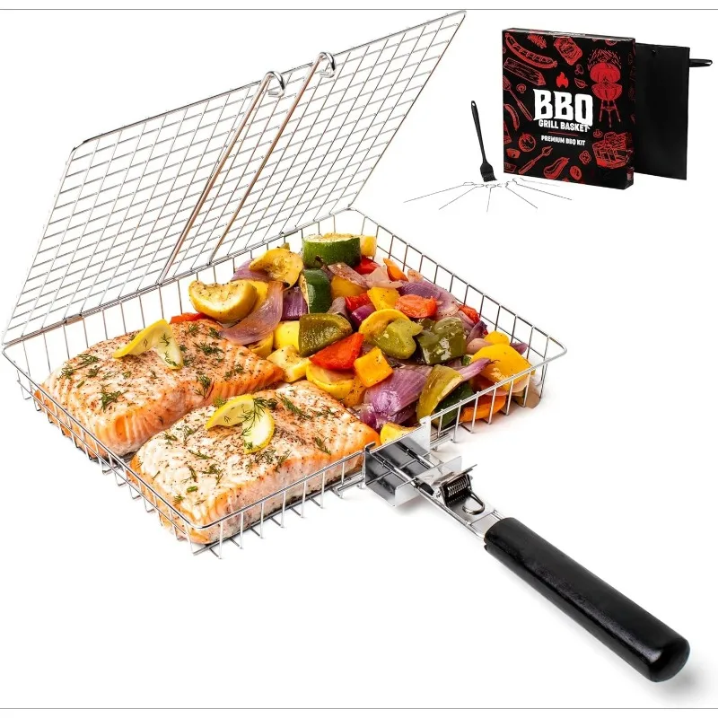 Cesta plegable portátil de acero inoxidable para parrilla, cesta para barbacoa con asa para pescado, verduras, camarones, accesorios de cocina para exteriores