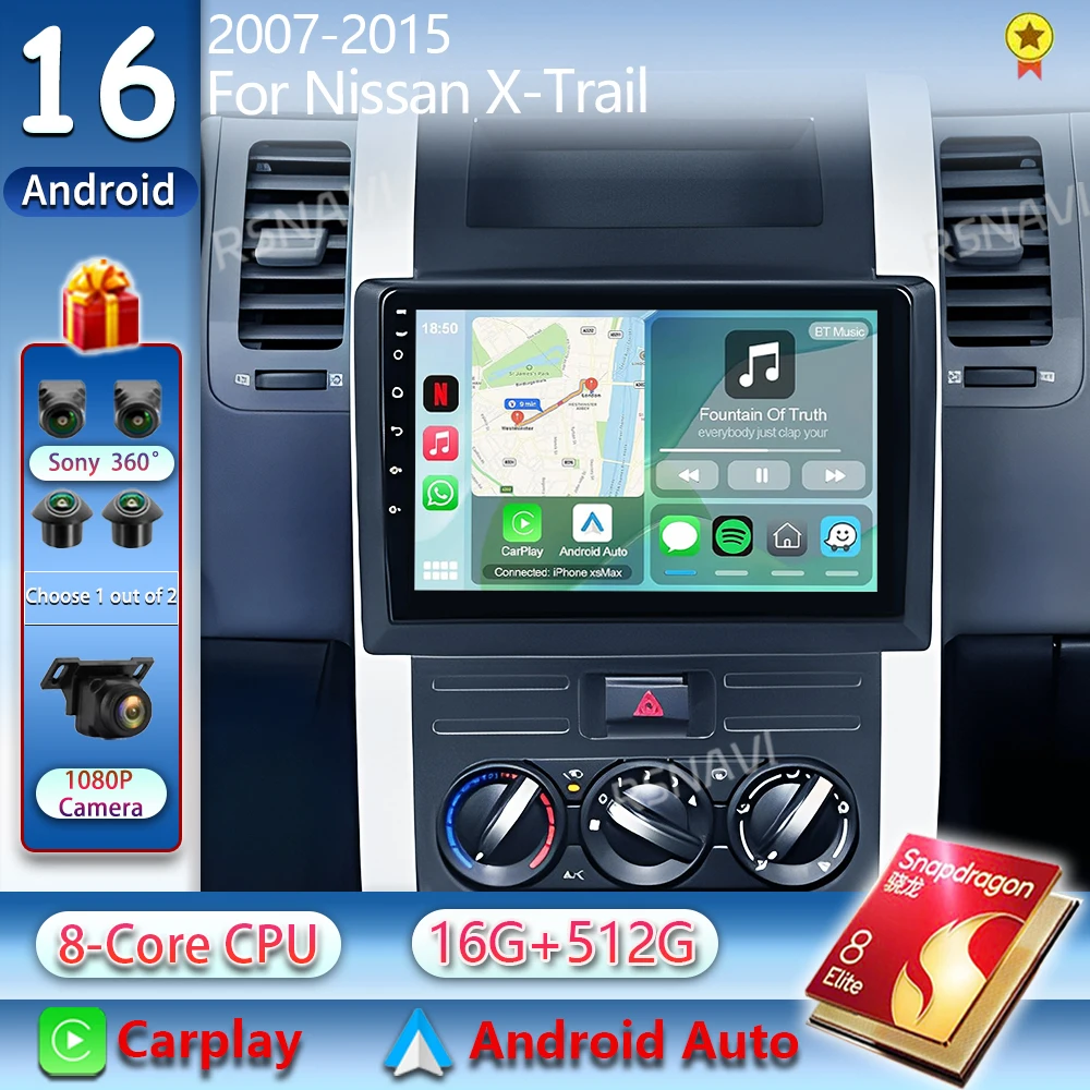 Android 16 Carplay For Nissan X-Trail X - Trail X Trail 2 T31 2007 - 2016 Multimedia Car Radio Player WIFI+4G 360 Camera Stereo