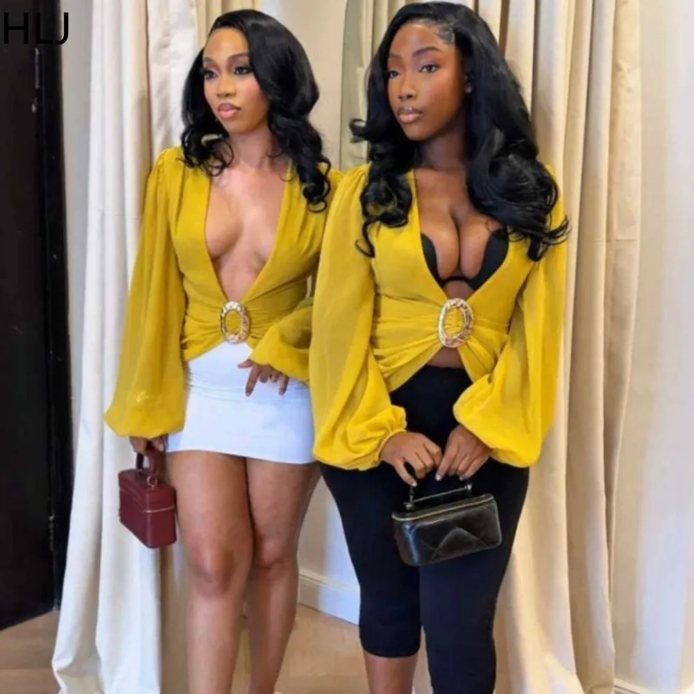 HLJ Women Sexy Deep V Neck Blouse Lantern Sleeve Ring Buckle Cut Out Ruched Crop Top Elegant Streetwear Party Club Shirt New