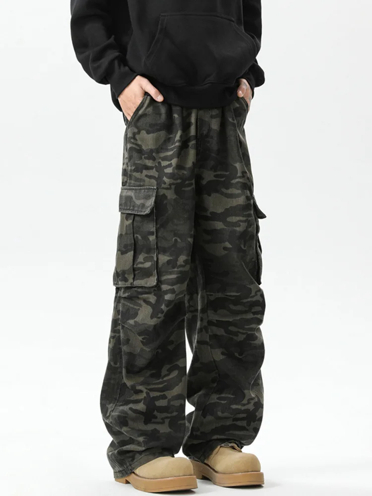 Camouflage Micro Flared Knife Pants For Men's Spring And Autumn American Fashion Brand Loose Floor Mopping Wide Leg Cargo Pants