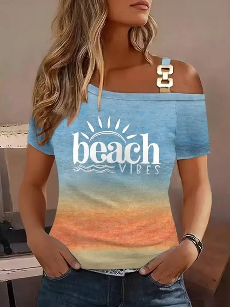 Women's T-Shirt Spring Summer Light Blue Ombre Orange Beach Vibes Print One Shoulder Metal Buckle Short Sleeve Slim Vacation