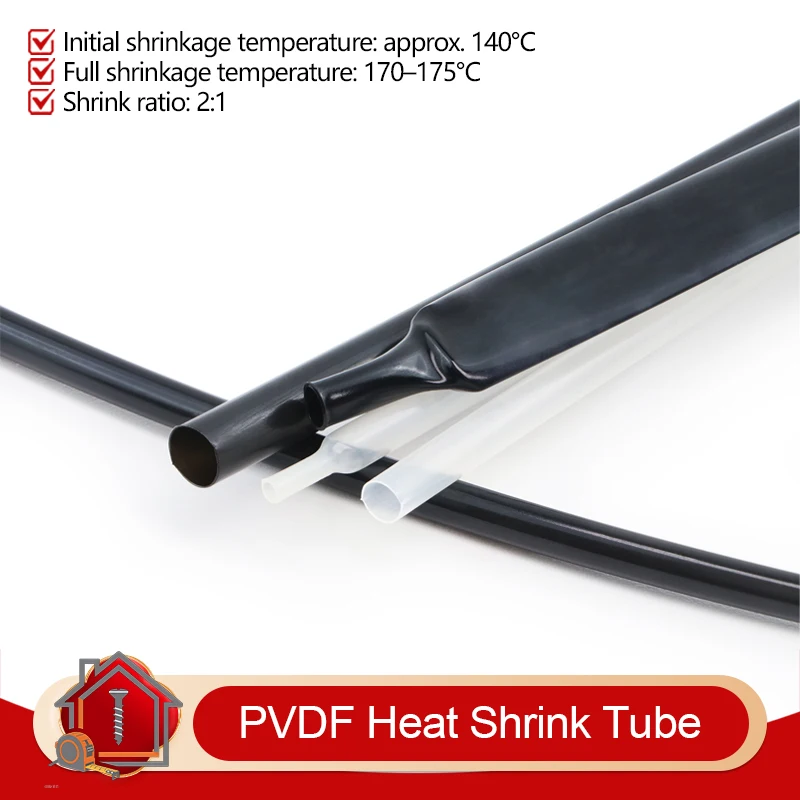 1/5/10m 2:1 PVDF Heat Shrink Tube Dia. 0.8~ 25.4mm Black/Transparent 600V Oil Resistant High Temperature Cable Protector Sleeve