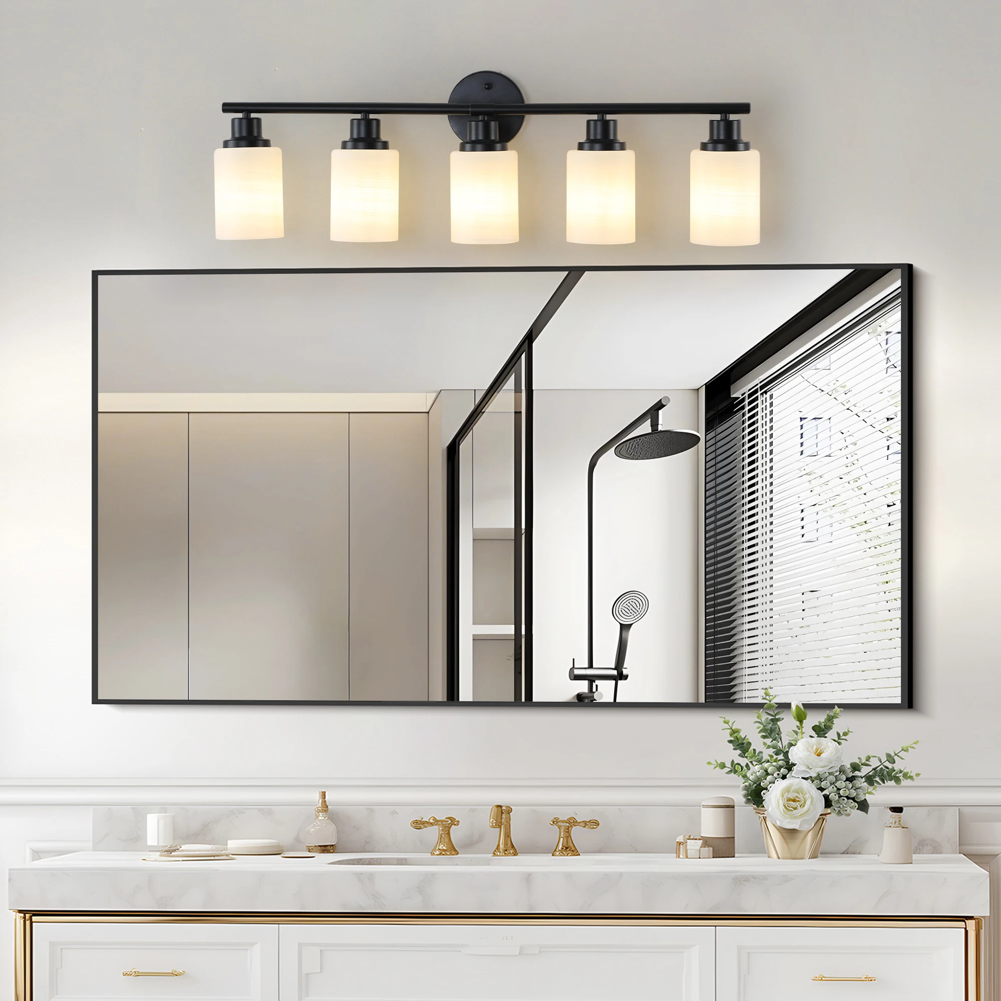 

Modern 5-Light Vanity Bathroom Mirror Light, Frosted White Glass with Black Iron Frame(Bulb Not Included)