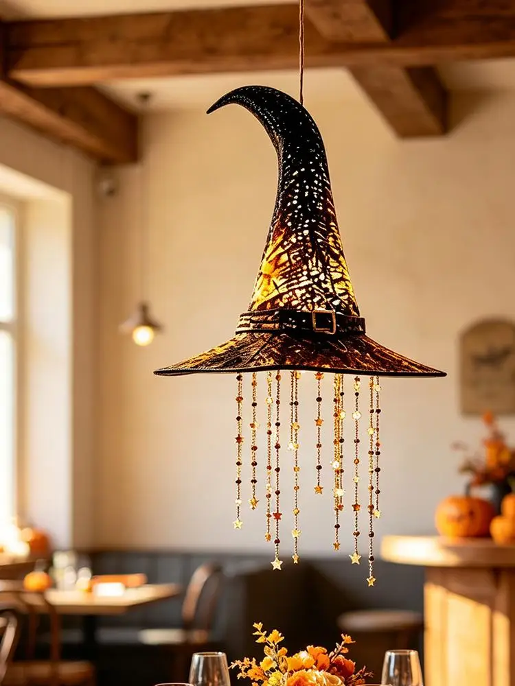 Lighted Witch Hat Hanging Chime Halloween Outdoor Ornament Glowing Mesh Cascading Stars Black Frame Decoration Party Decor