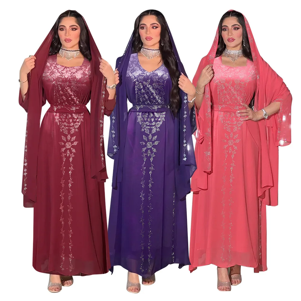 2023 Summer Autumn Elegant Muslim Long Sleeve V-neck Pink Purple Long Abaya Muslim Fashion Dress Abaya Dress With Headscarf