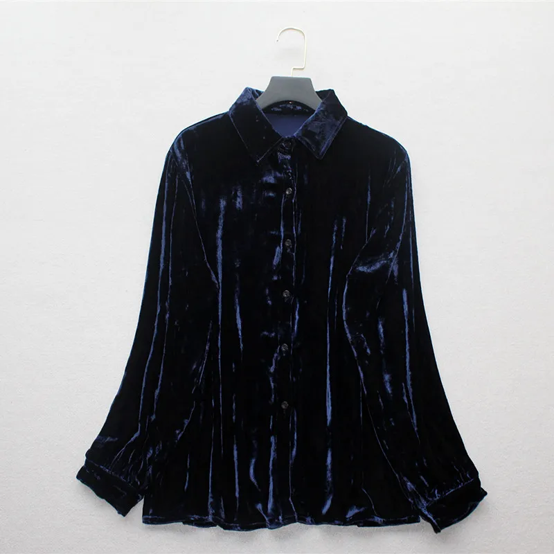 2023 Autumn new heavy real silk velvet long-sleeved shirt women\'s black 100% mulberry silk velvet button top cardigan