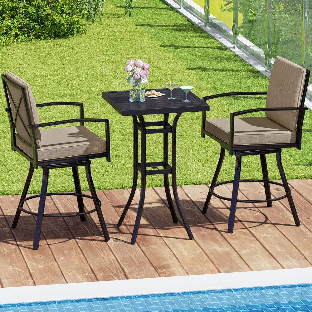 3 PCS Patio Swivel Bar Set Table and Chairs Set with Soft Cushions & Umbrella