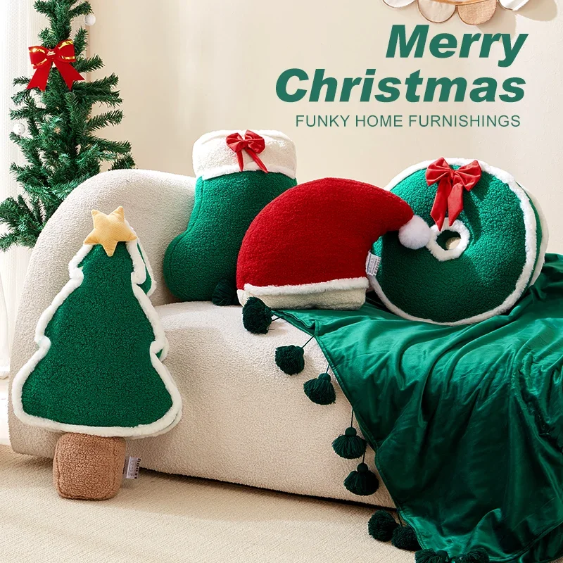 Merry Christmas Tree Decorative Throw Pillow Chair Seat Cushion Stuffed Tree Shaped Pillow for Christmas Party Home Decorations