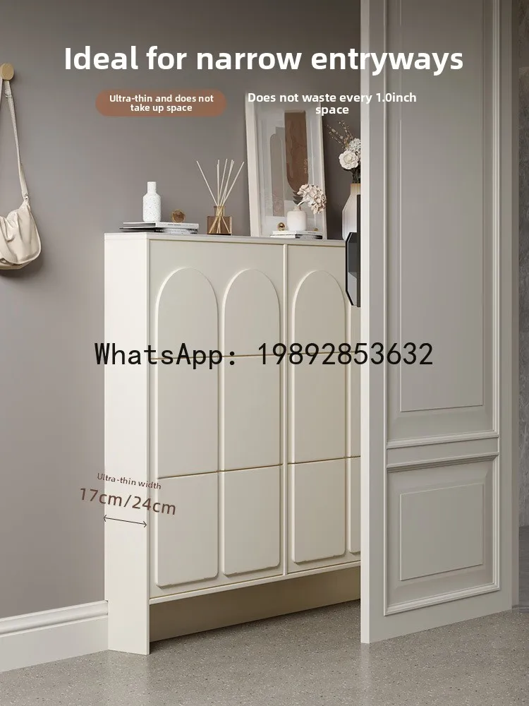 YFY Cream Style Ultra-Thin Shoe Cabinet for Home  2025 New Hot-Selling Narrow 17cm Flip Shoe Cabinet with Integrated Stool