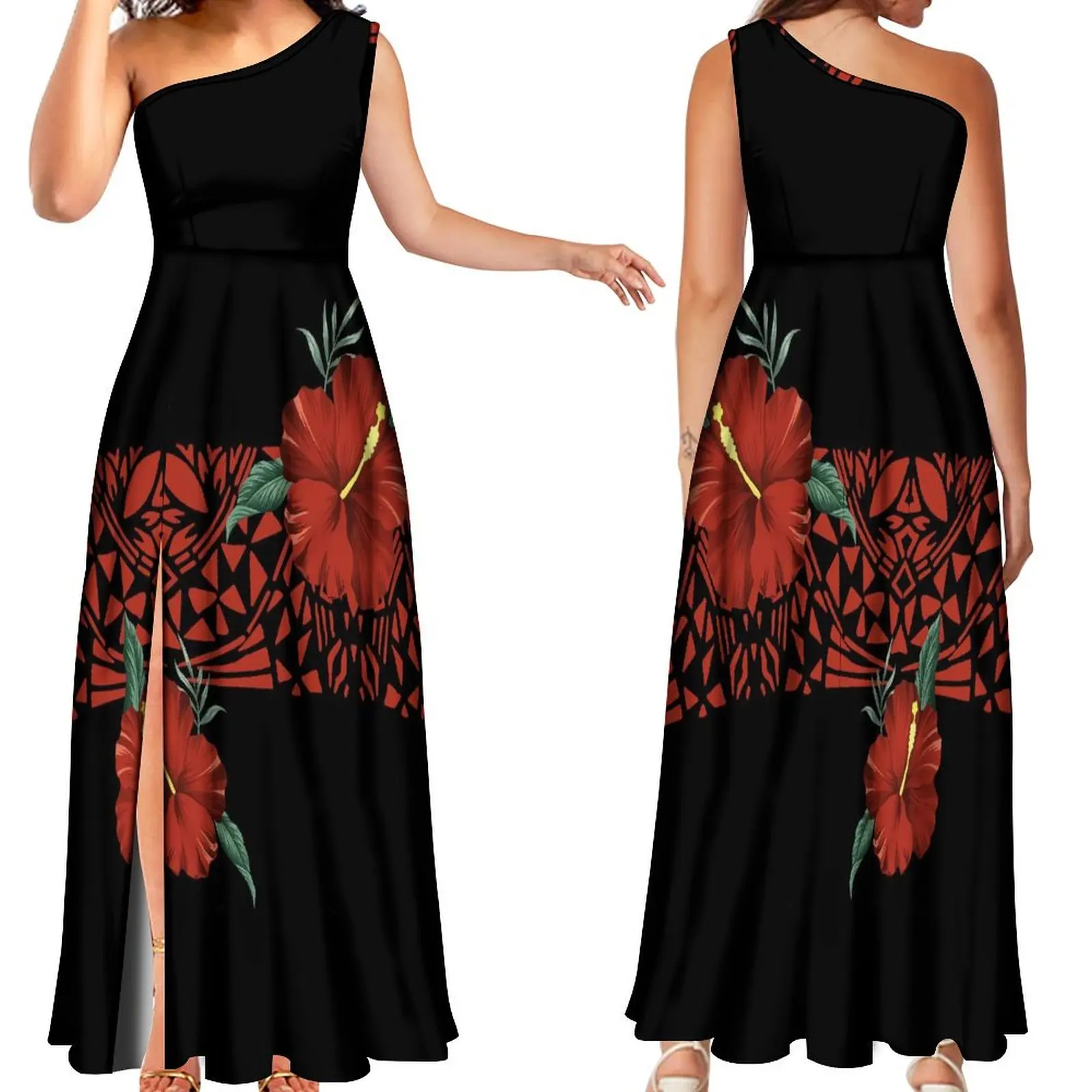 Polynesian Island Style Custom Red Dress Women'S Off-The-Shoulder Slit Maxi Dress Hawaiian Party Sexy Evening Gown