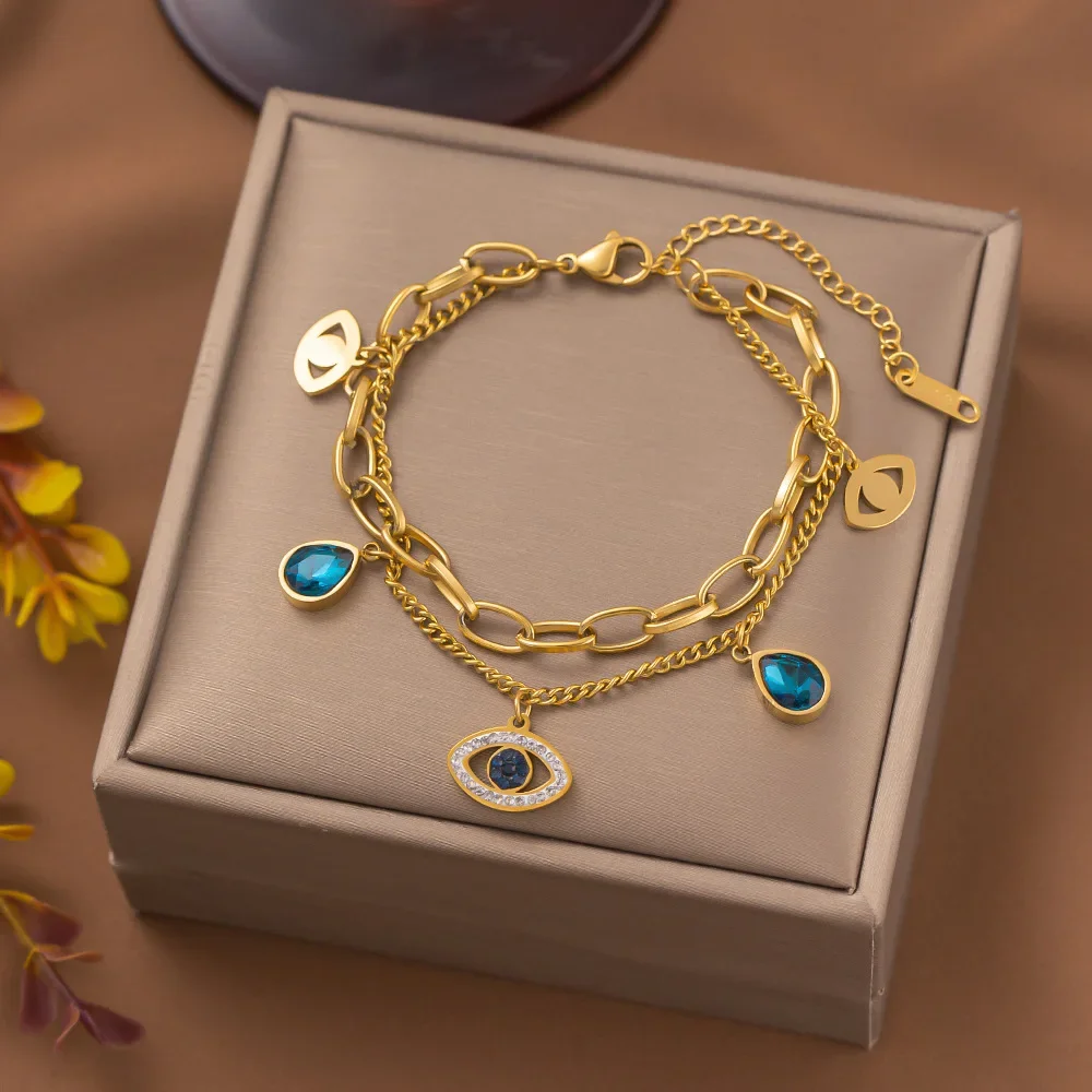 Stainless Steel Double Layer Evil Eye Charm Bracelet For Women Girl Luxury Vintage Bangle Birthday Party Wrist Jewelry Gift New