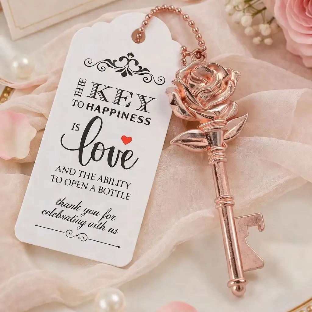 50pcs/set Wedding Favors Rose Key Bottle Opener For Bulk, Wedding Guests Gifts, Vintage Skeleton Key Opener With Escort Tag Card