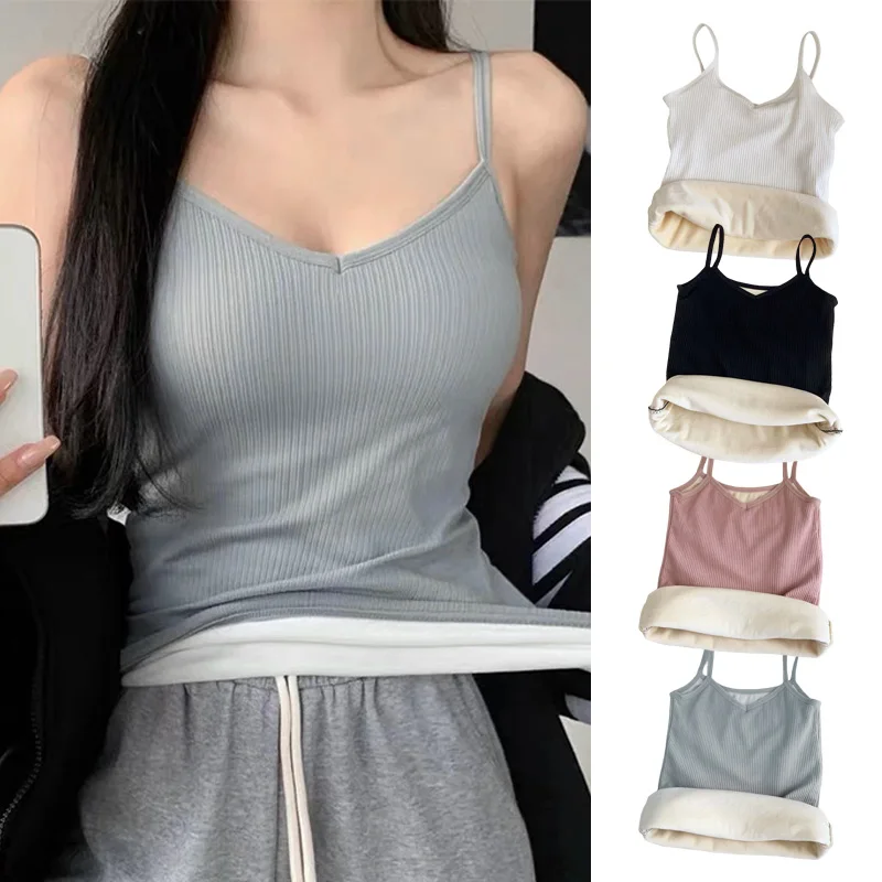 Winter Velvet Thickened Undershirt Women Solid Color Slim Cozy Thermal Underwear Camisole Warm Sling Vest Bottoming Tops