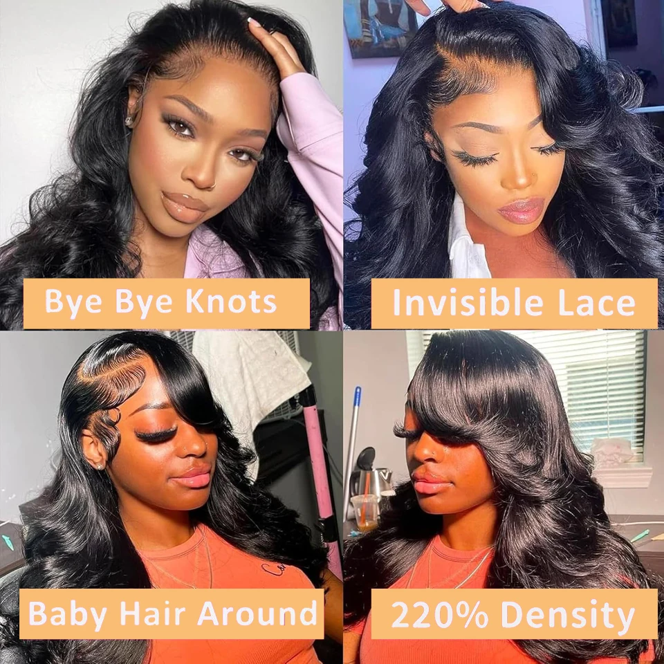 Karyssa Body Wave 13x6 13x4 HD Transparente Lace Frontal Perücke Echthaar 220 Dichte 30 36 Zoll Wasserwelle Schwarz für Frauen – Detail 3