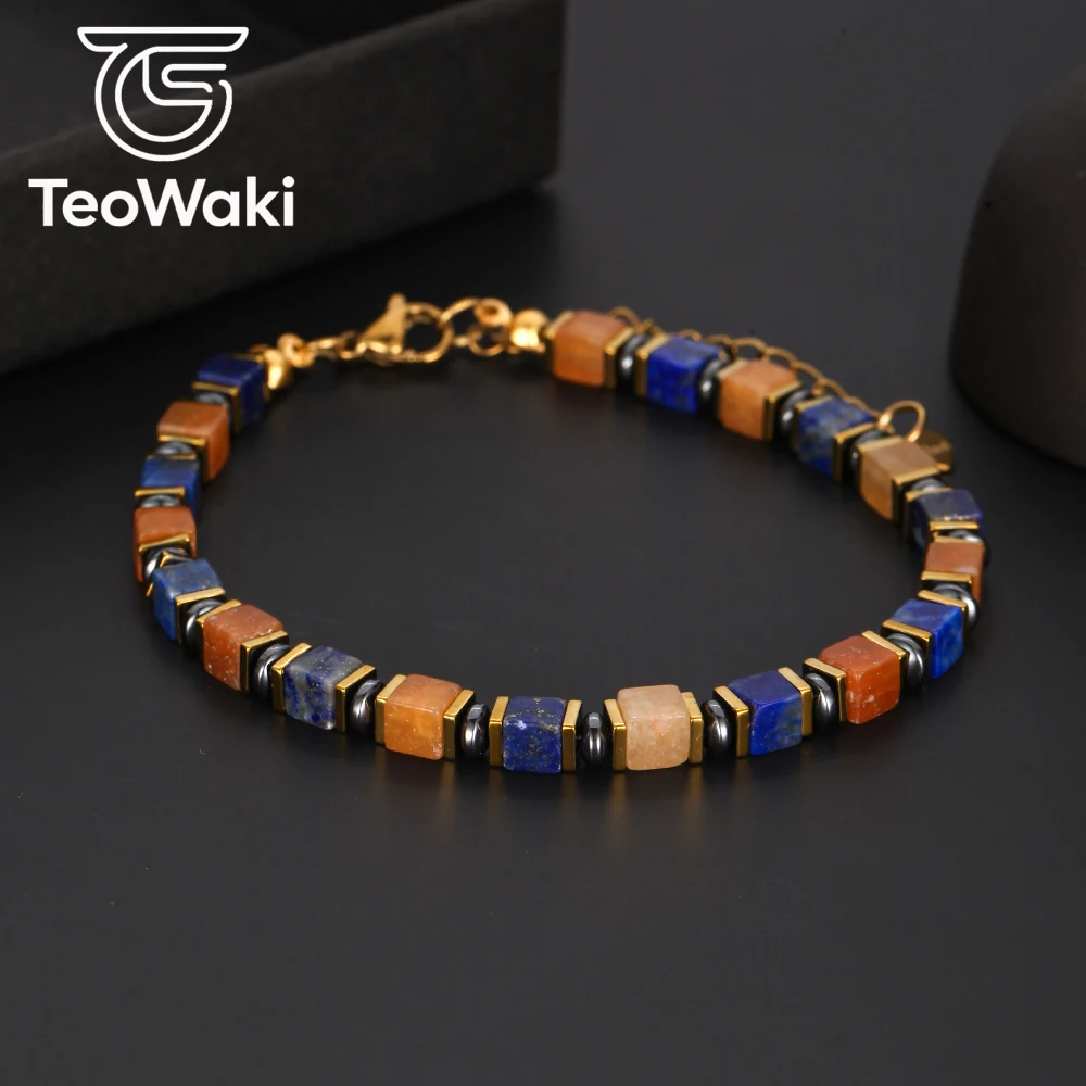 TeoWaki Natural Square Lapis Lazuli &Red Aventurine Bracelet for Women Men Birthday Party Christmas Perfect Choice Festive Gift