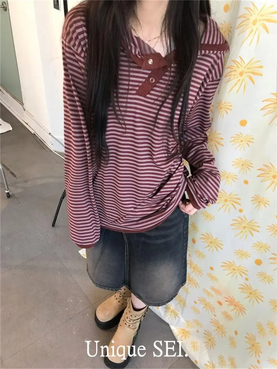 KUSAHIKI Korean College Style Girls Hooded Striped Shirt Casual Hooded Sweatshirt T-shirt Top 2024 Autumn New Graphic T Shirts