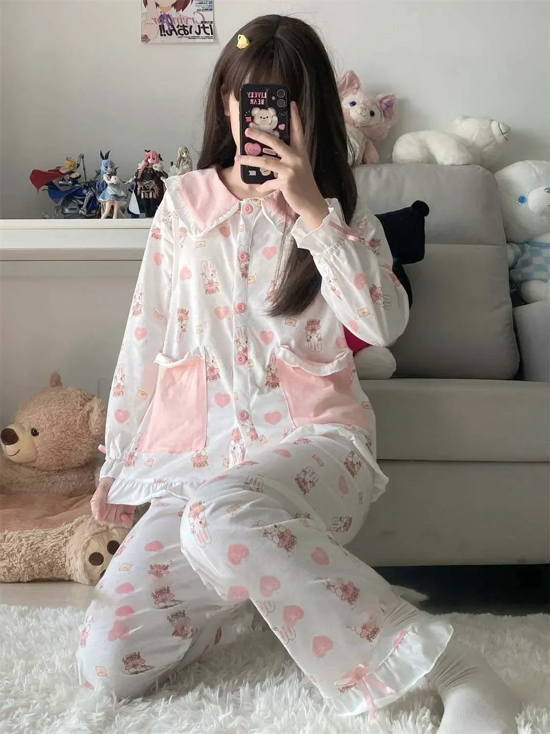 Pyjama imprimé lapin en dentelle pour femme, vêtements de nuit roses, 2 pièces en coton, surintendant ser, ensembles à manches longues