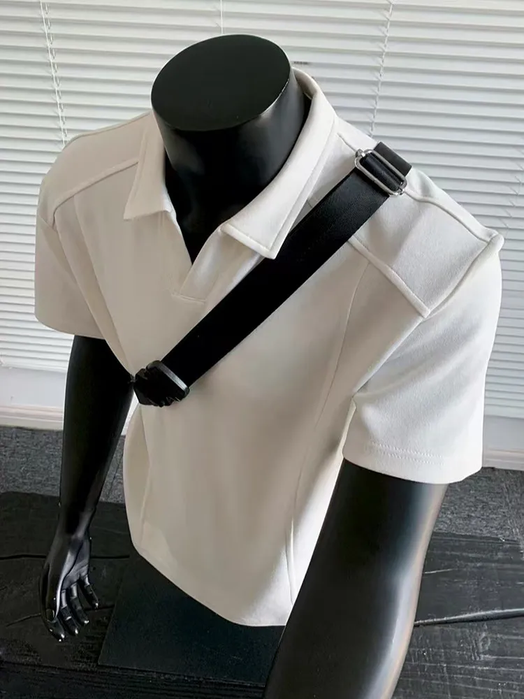 American Style Boxy Shoulder Short Sleeve  Shirt Men's Summer Deconstructed Patchwork T-Shirt Handsome V-Neck Half Sleeve