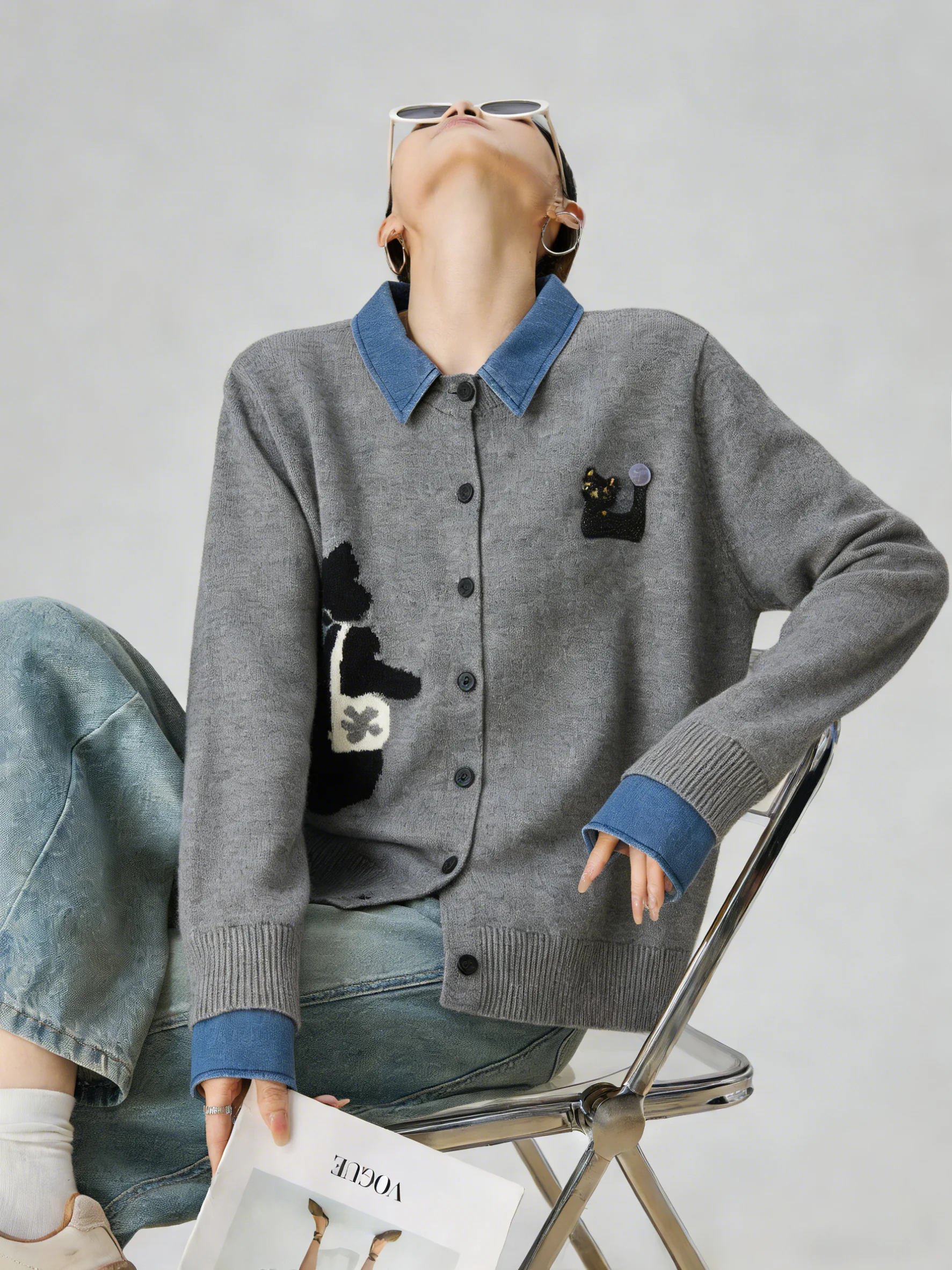 

ay Denim Patchwork Knitted Cardigan Women's Spring Faion Unique Beautiful Miu Top Casual Loose Long Sve Polyester Blend