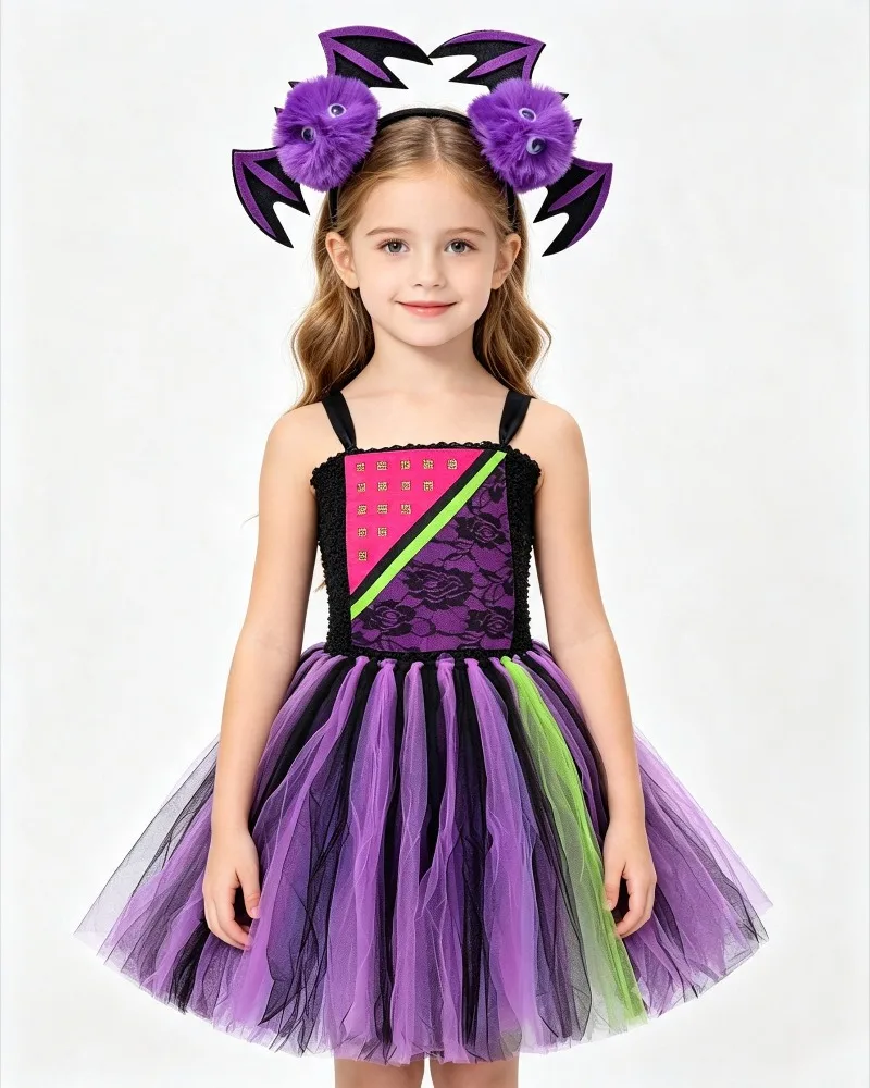 Halloween Purple  Princess TuTu Dress for Girls Hallloween Fancy Lined Dress Outfit for Kids Carnival Party Outfit with Hairband