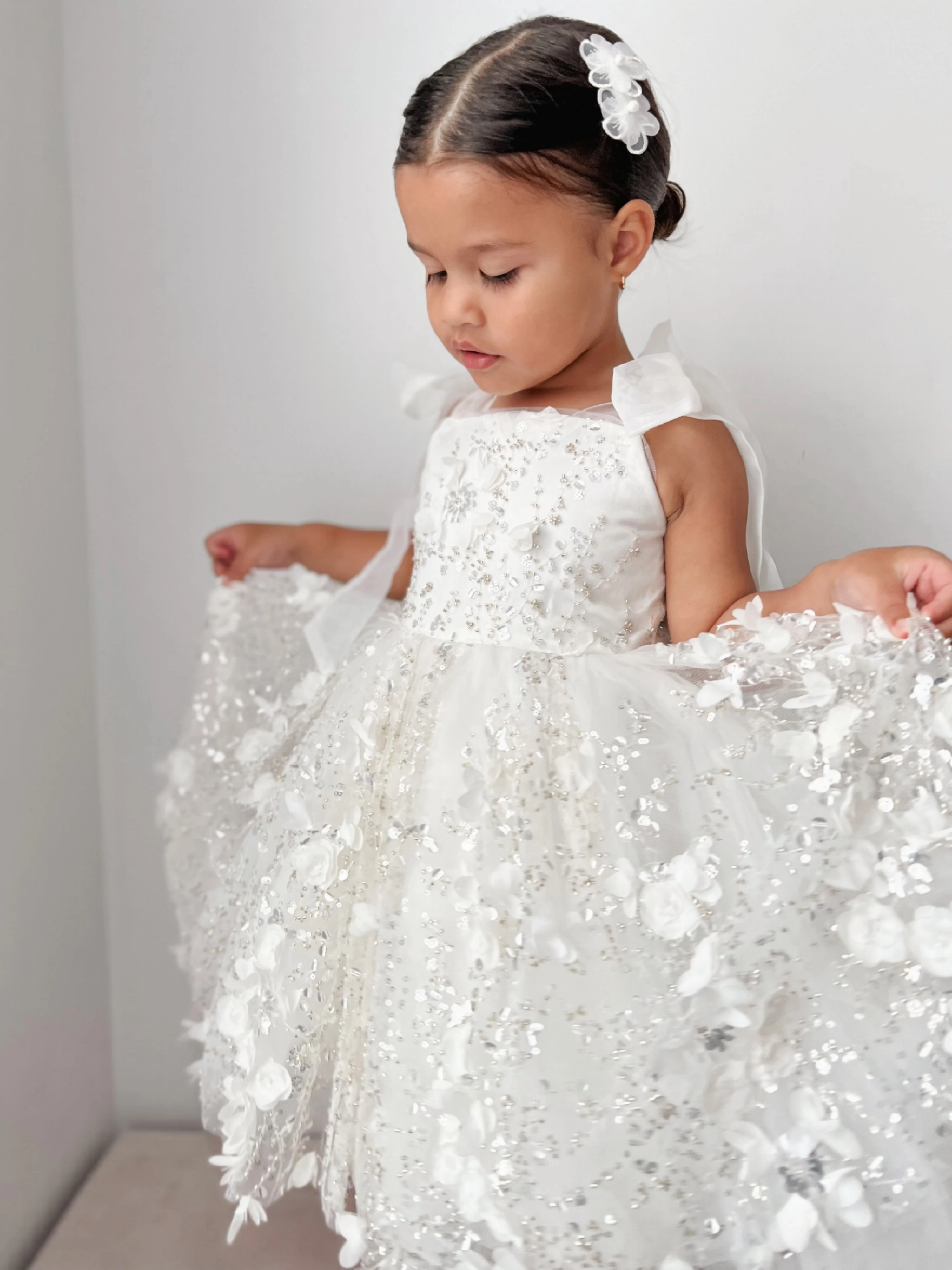 Flower Girl Dress Handmade 3D Flower Glitter Sequin Organza Bow Straps Tulle Dress Little Girls Wedding Bridesmaid Photo Outfit
