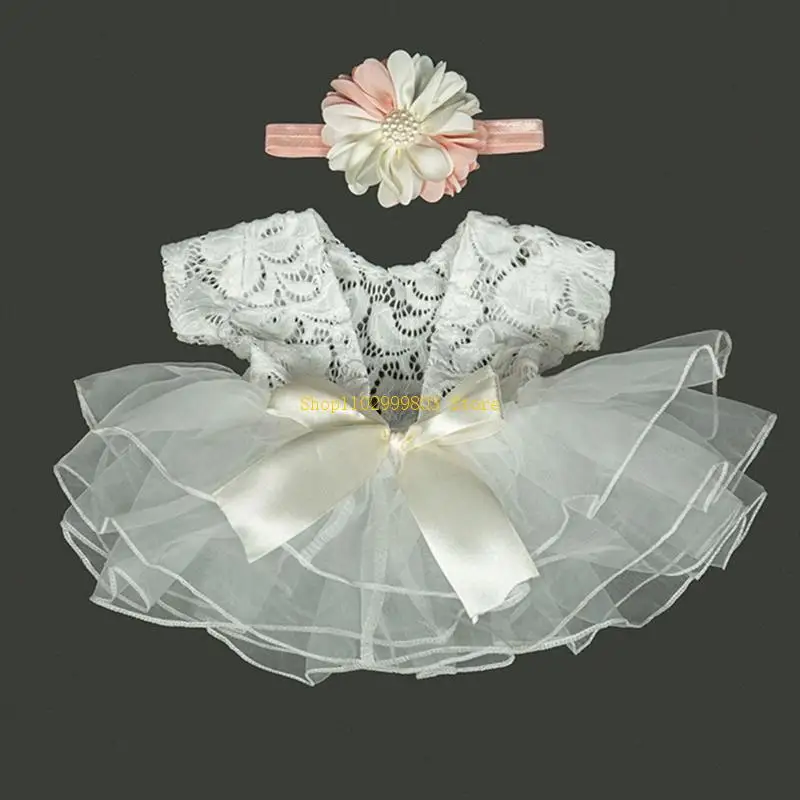 

Baby Photography Props Outfit Lace Bowknot Skirt with Flower Headband for Newborn Infant Girls Photo Taking Accessories J0MF
