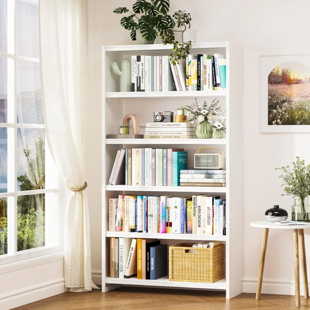 

5 Tiers Metal White Bookshelf - 69.3" Tall Bookcase, Display Storage Shelves with Bookend, Bookcases