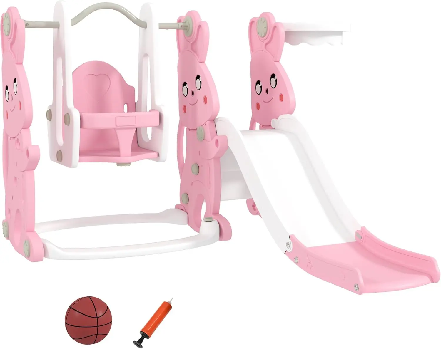 Juego de columpio y tobogán para niños pequeños 4 en 1, juego para niños de 1,5 a 4 años, parque infantil con tobogán para niños con temática de conejo con escalador, cesta Ho