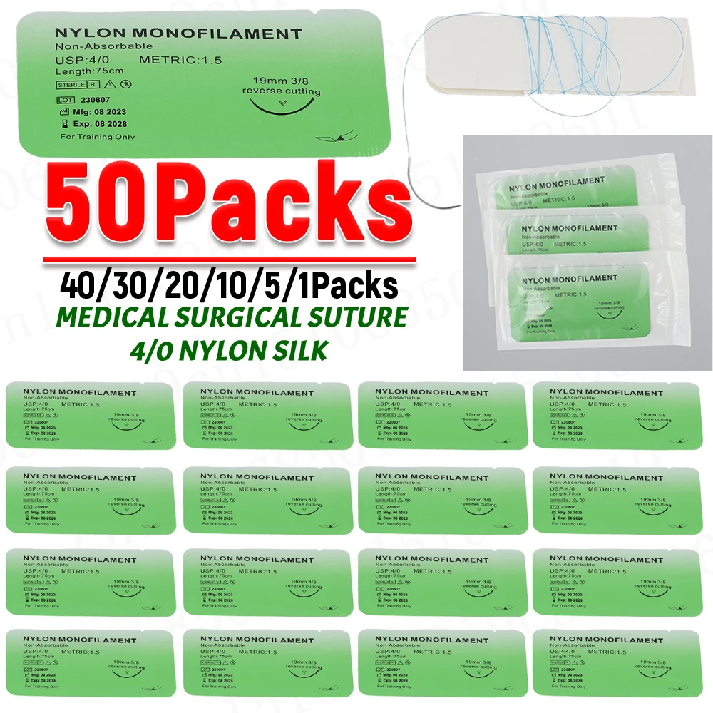 50-1PCS 4/0 Medical Thread Suture Nylon Silk Veterinary Practice Suture Kit Non-injured for Medical Students Education