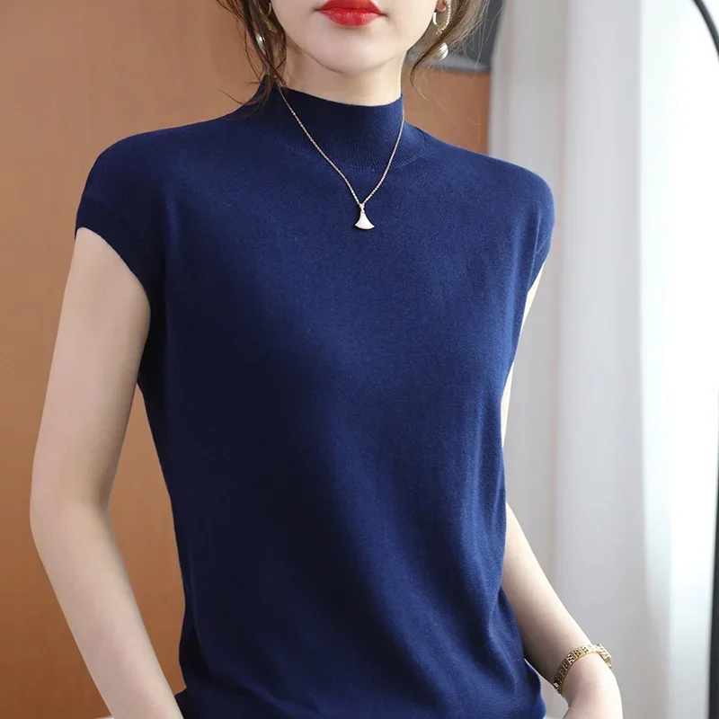 

Thin Camisole Vest for Women's 2024 Summer New Pullover Half High Collar Solid Color Short Sleeved T-shirt Knitted Loose Tops