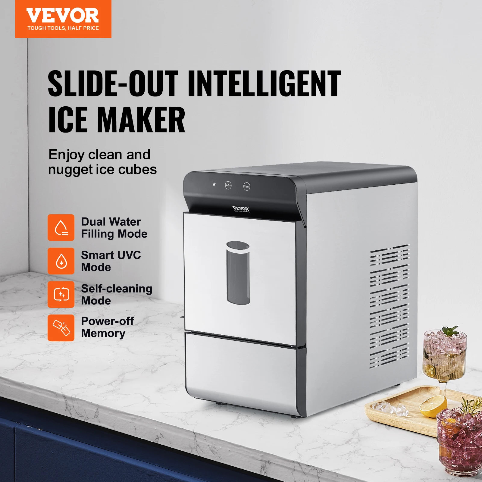 VEVOR-Countertop Ice Maker, 37lbs em 24Hrs, Auto Auto Auto-Limpeza Ice Maker portátil com Ice Scoop, Cesta e Drainpipe