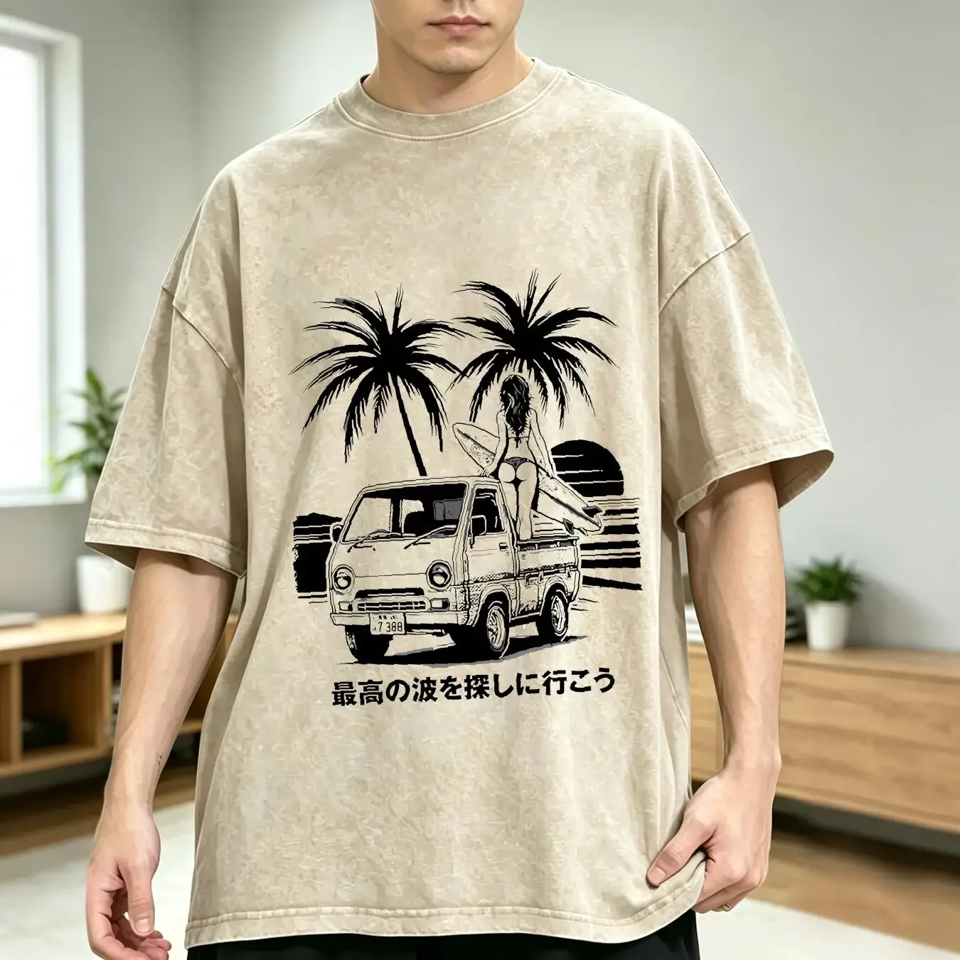 washed T Shirt Japanese MiniTruck Girl Surfing Beach Paradise Summer Kei Truck Men sizes Hand Screenprinted vintage Washed