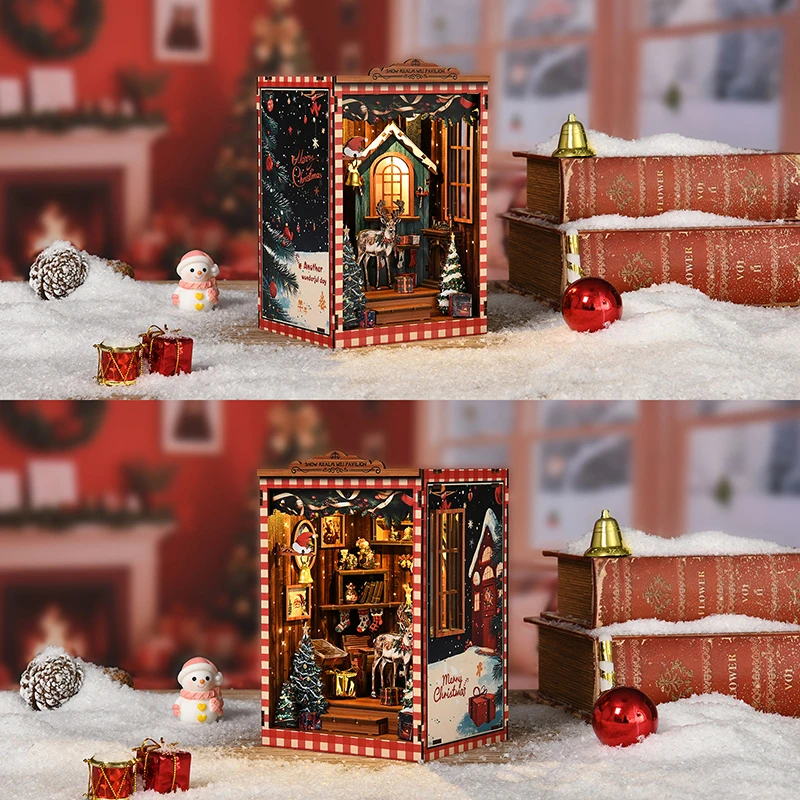 DIY Holz Weihnachten Buch Nook Regal Einsatz Kit Schneereich Wei Pavillon Buchstütze Miniatur Modell Kits Bücherregal für Freunde Geschenke