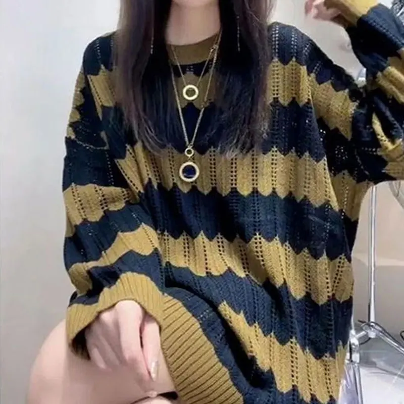 Stylish Patchwork Hollow Out Knitted Jumpers Spring Autumn Round Neck Female Clothing Korean Contrasting Colors Striped Sweaters