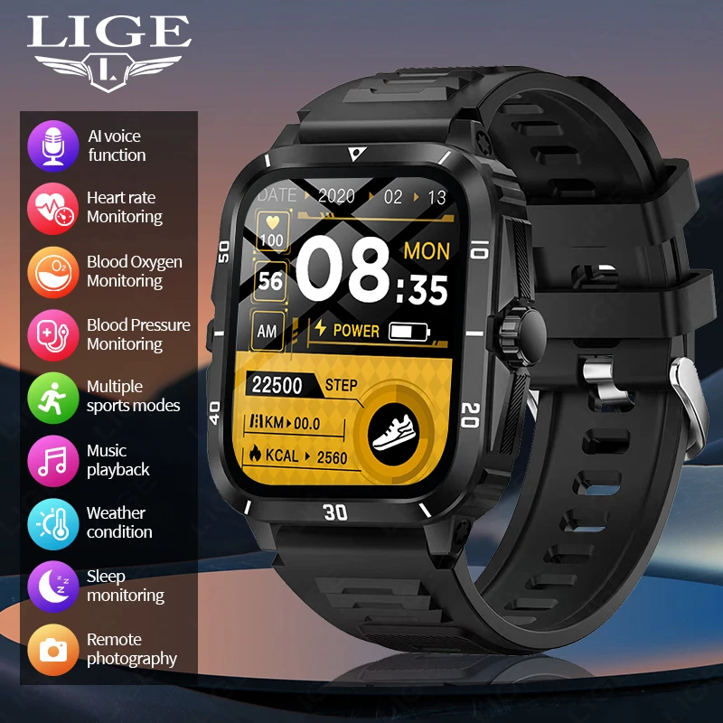 

LIGE Voice Assistant Men Smart Watch Waterproof Sport Health SmartWatch Bluetooth Phone Call Custom Watch Face Smart Custom Dial