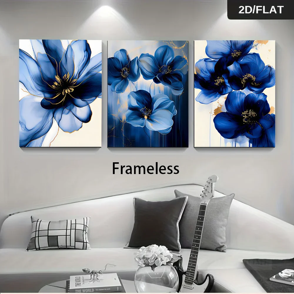 Multiple sizes 3pcs frameless Canvas Painting 1 Set Modern Min Blue Floral triptych frameless Wall Art, Abstract for Living Room