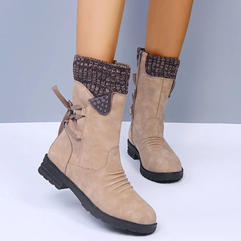 Botas Vintage plisadas con correa de tacón grueso y tubo mediano para mujer, Otoño e Invierno