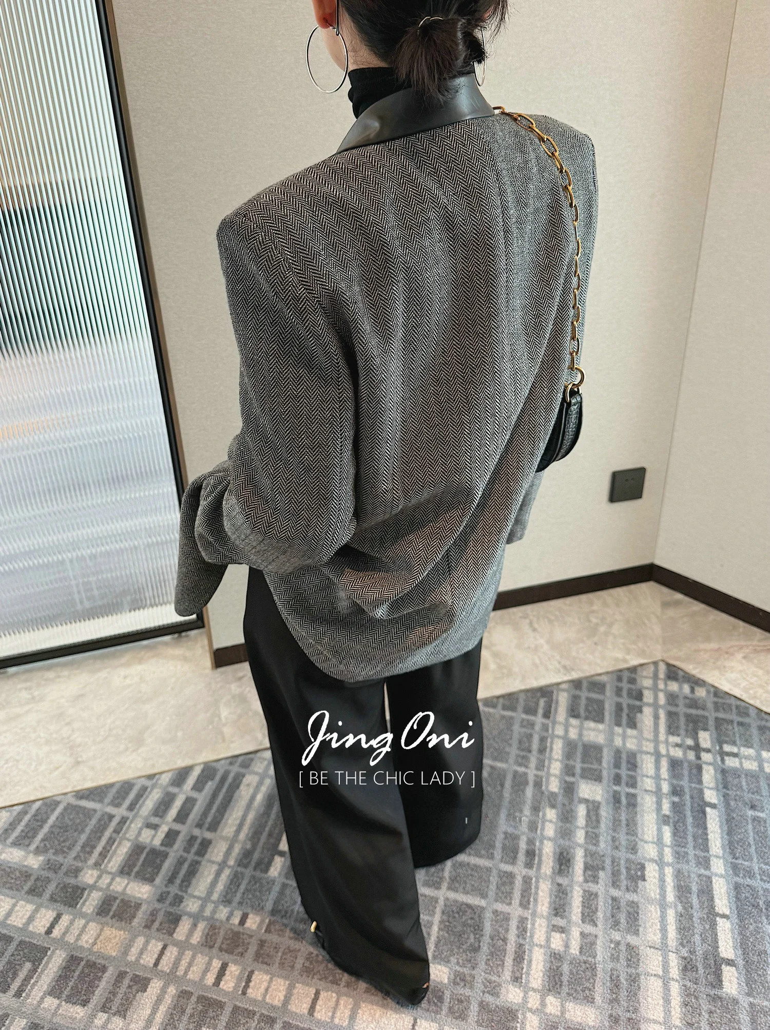 Wełniany garnitur damski, luźny krój, skórzany kołnierz, odzież wierzchnia jesienno-zimowa, nowy, wyszczuplający, wysokiej jakości materiał.