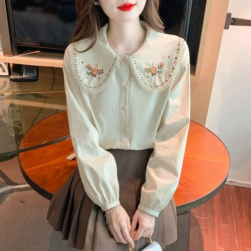 French Style Embroidered Doll Neck Long Sleeves Shirt for Women\'s Spring Autumn New Western Style Loose Slimming Sweet Chic Top