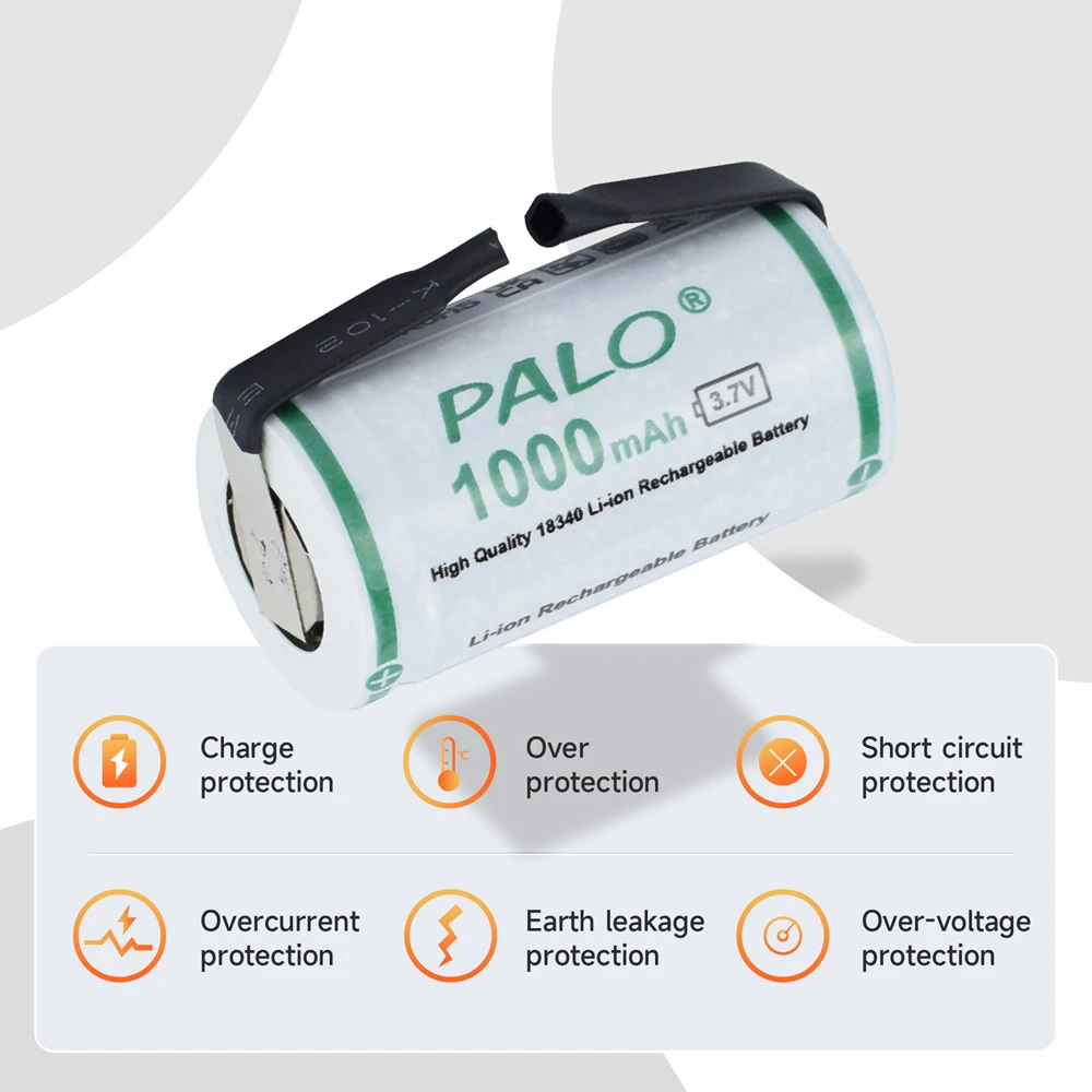 PALO 1000mAh 18350 Lithium Ion Battery 3.7V Rechargeable Li-ion 18350 Cells With Nickel sheet for Electric Flashlight Toothbrush