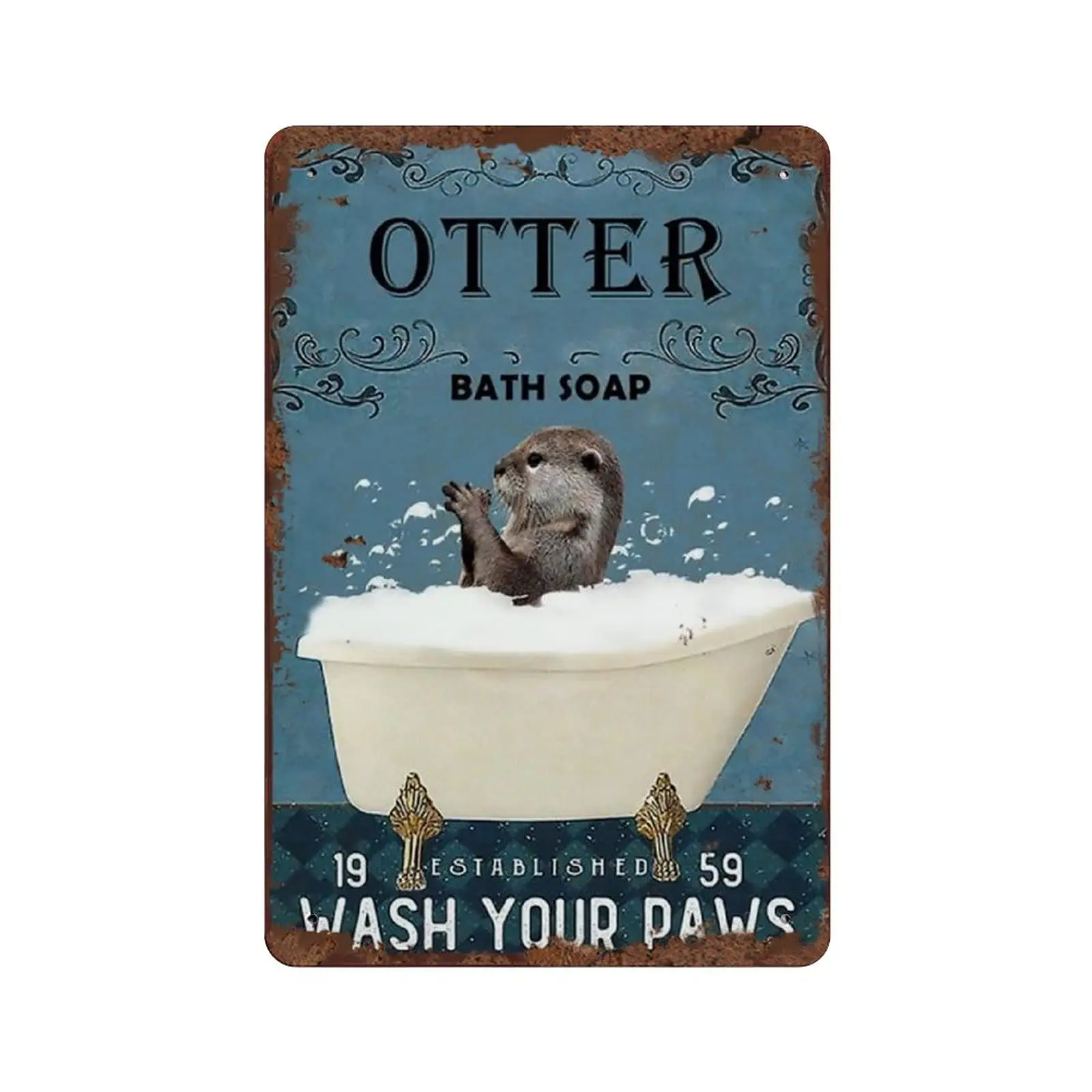Waschbecken „Wash Your Paw“-Blechschild, lustige Badezimmer-Liebhaber, lustige Otter, Badezimmer-Dekoration, Badezimmer-Dekor, Vintage-Metallschild, Plakette, Metall-Spaß