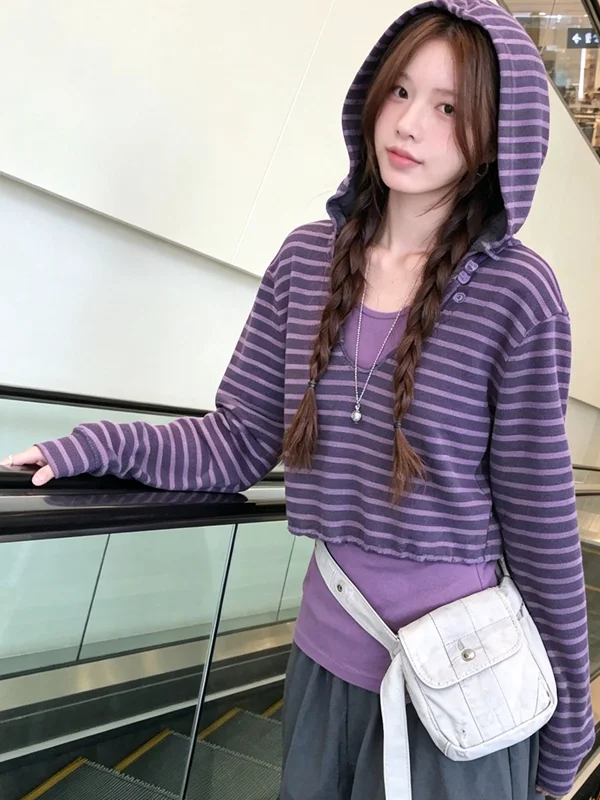 Retro American Purple Striped Hoodie Women's Short Loose Comfortable Casual Top Autumn Winter New Style Faux Two-Piece Set